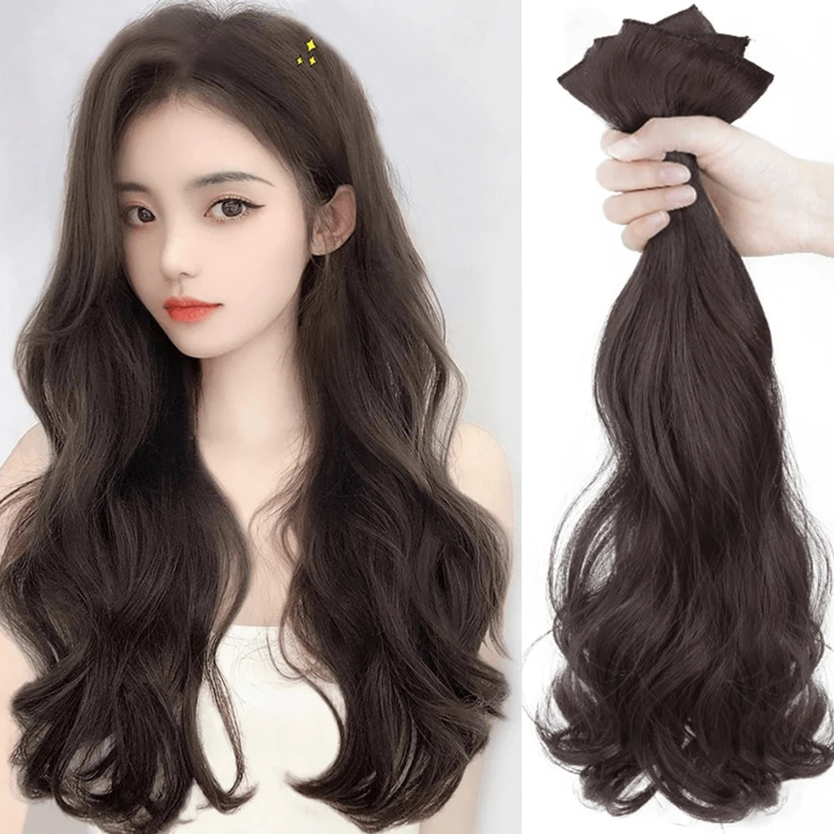 Dark brown 20 Inch Synthetic Hairpiece Clip In Hair Extensions 3 Pieces Set Invisible Water Wave Curly Hair For Everyday wear