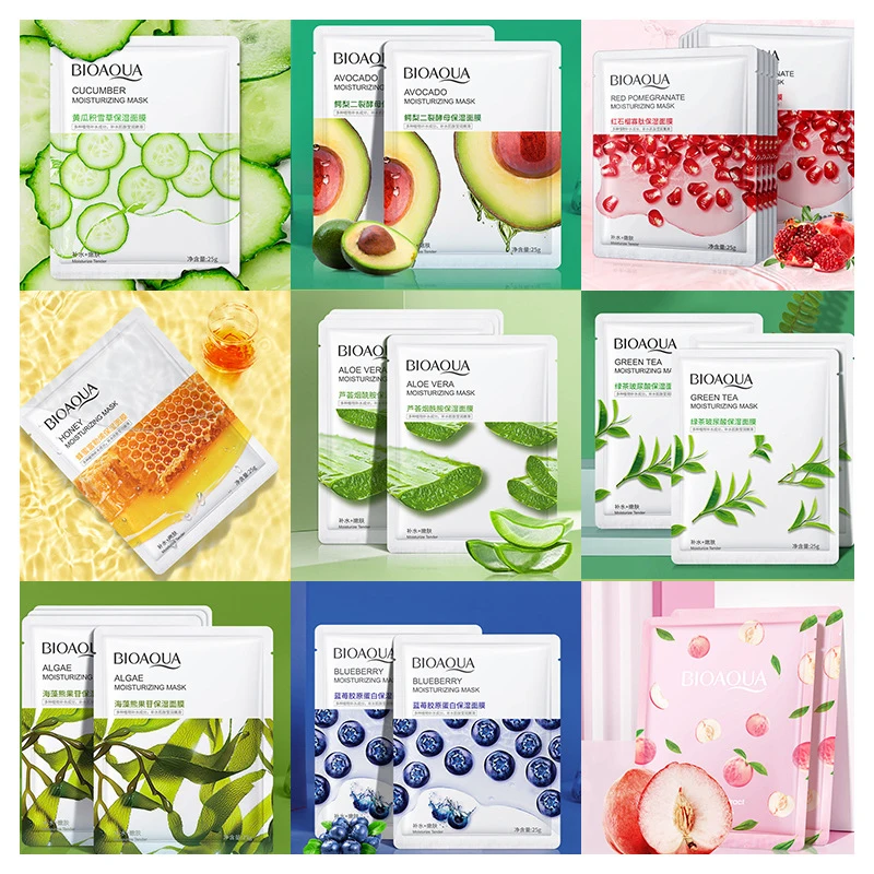 10pcs BIOAQUA Fresh Fruits Face Masks Centella Cucumber Aloe Vera Facial Mask Moisturizing Hydrating Facial Skin Care for Beauty