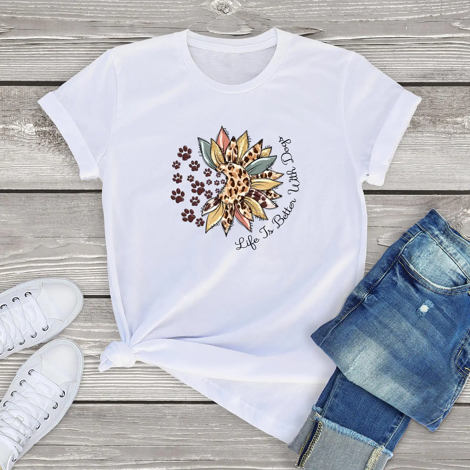 

Dog Paw Prints Sunflower Printing 100% Cotton Round Neck Male and female Short Sleeve T-Shirt Casual Streetwear Clothing XS-3XL