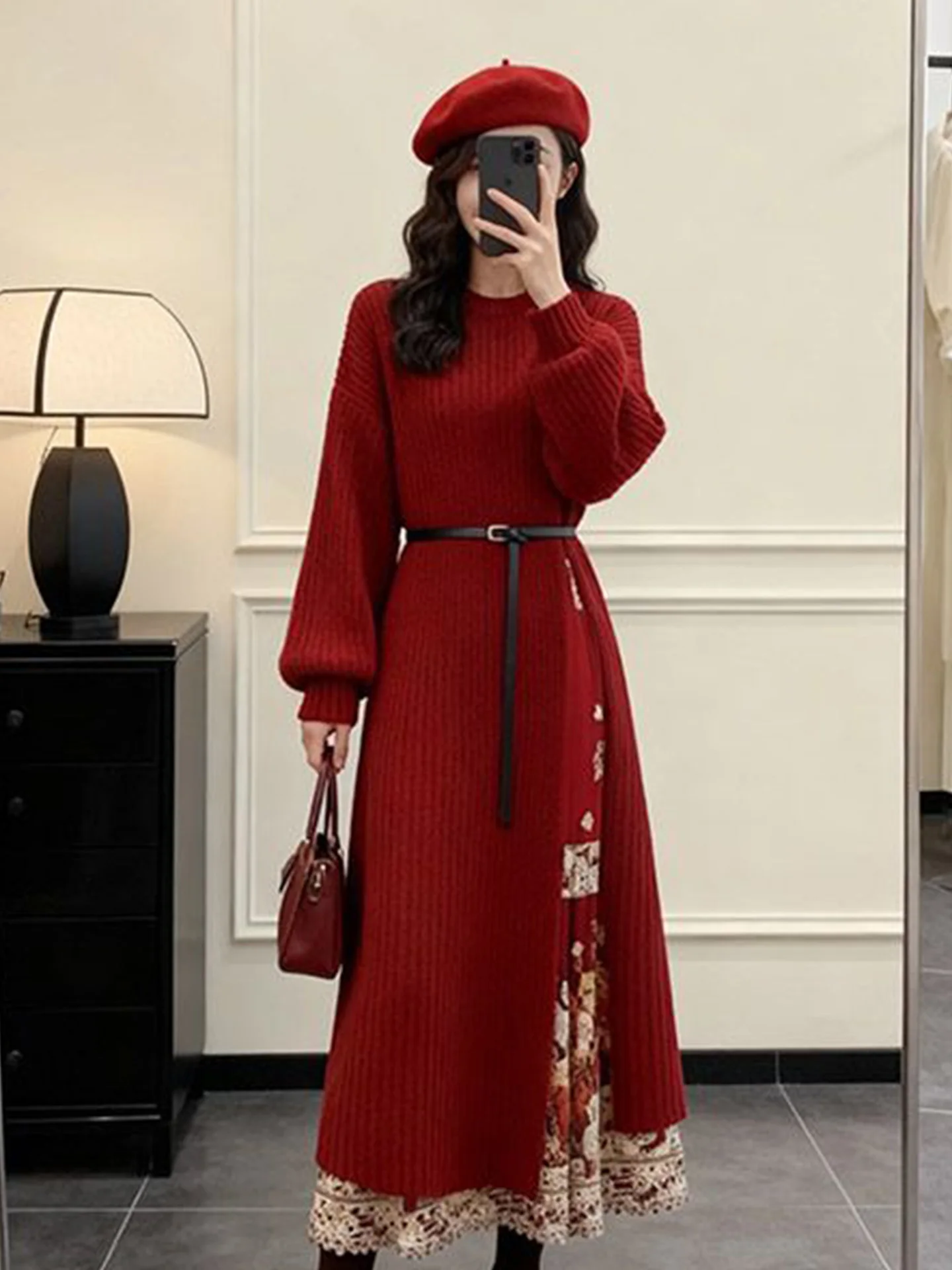 

New Chinese Sle Women's Spring Loose Slimming Knitted Dr with Slit Long Skirt Set Faionable plus Size Ensemble