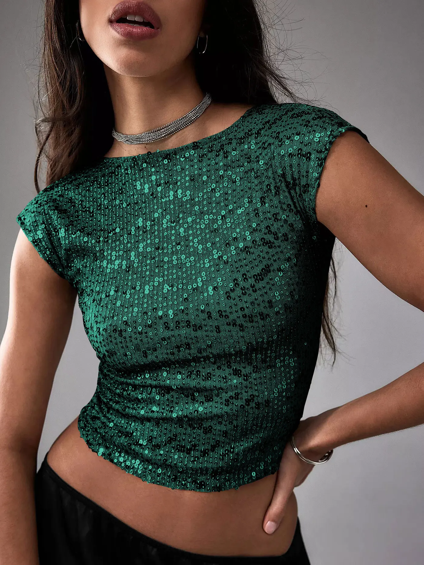 DSMTRC Woman Sexy Clubwear Short Sleeve Gold Glitter Sequin Crop Top Summer Backless Basic Solid Y2k Shine T-shirts