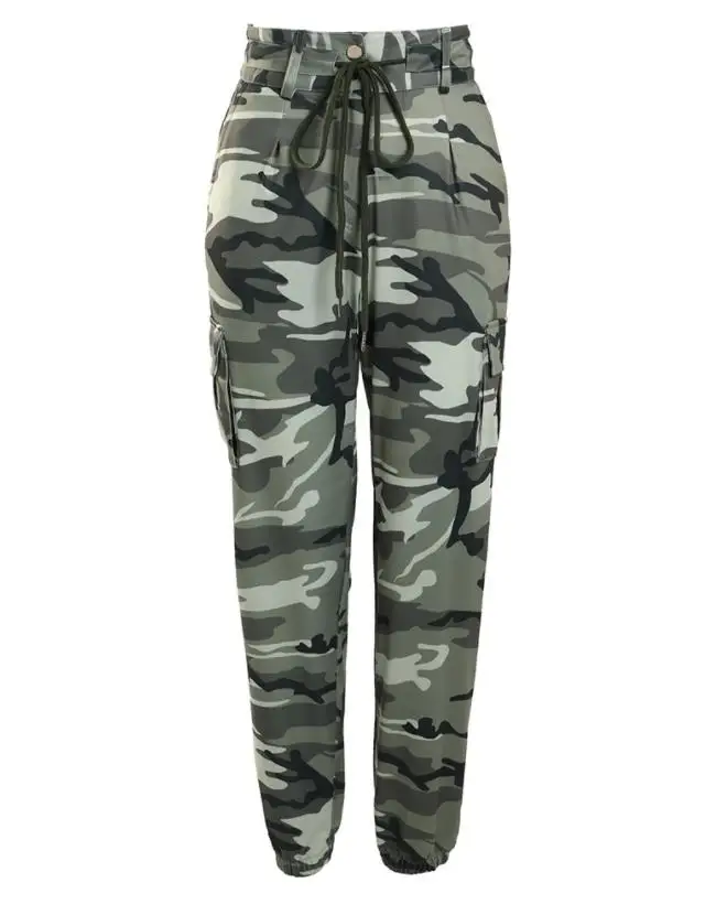 Commute Style Long Pants Women 2024 Spring Summer Hot Selling Camouflage Print Drawstring Pocket Design Hign Waist Cargo Pants