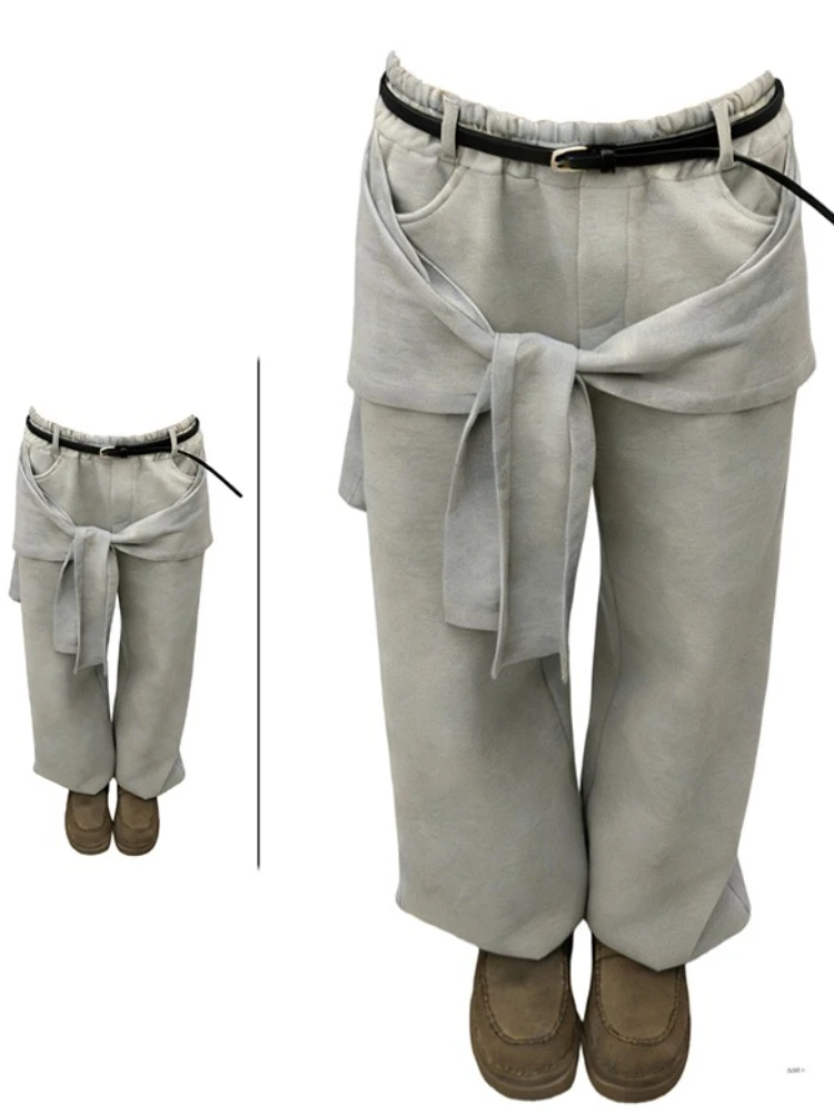 

Американский стиль, ретро, серый фарт, занавеска на шнуровке, повседневная юбка, брюки, женские осенне-зимние новые нишевые дизайнерские широкие брюки