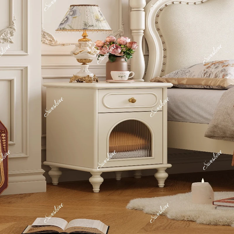 French solid wood bedside tables, bedroom cream style white wall storage cabinets