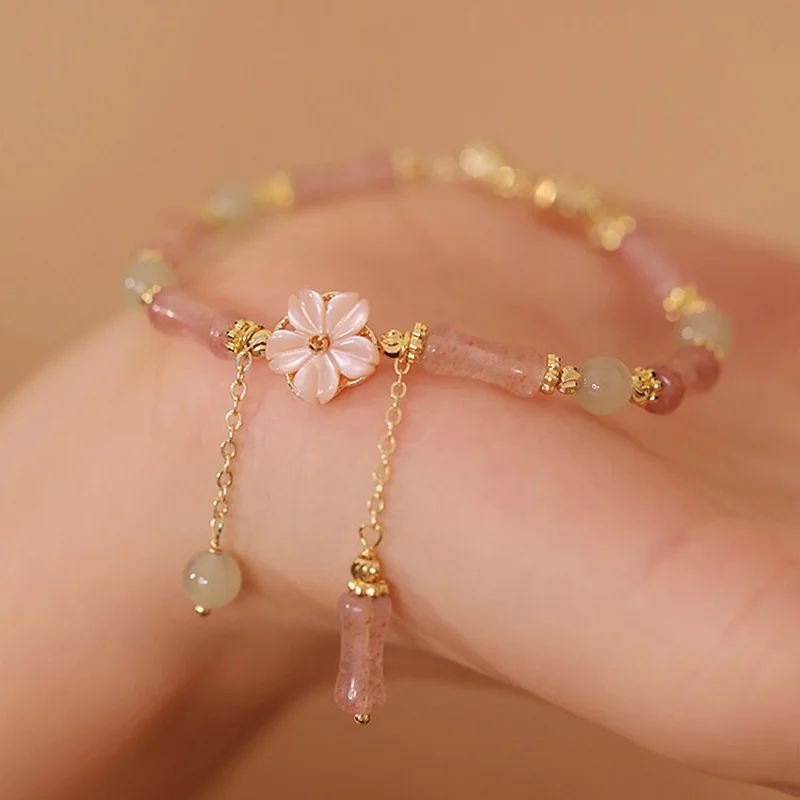 Chinese Style Lucky Strawberry Quartz Bamboo Joint Hetian Jade Five Petal Flower Bracelet For Women Blessing Fortune Good Luck