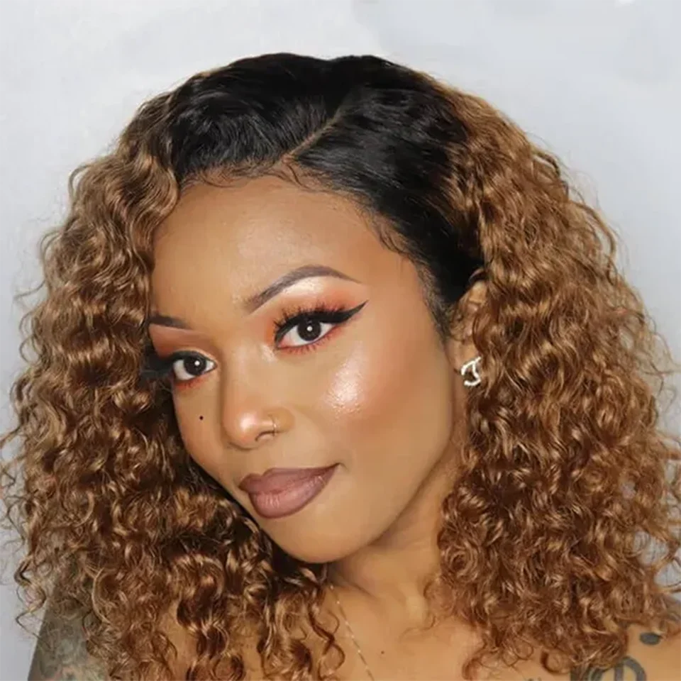 

Brown Curly Bob Side Part Lace Human Hair Wigs For Women Transparent Lace Bob Wigs Brazilian Remy Hair Glueless Pre-Cut Lace Wig