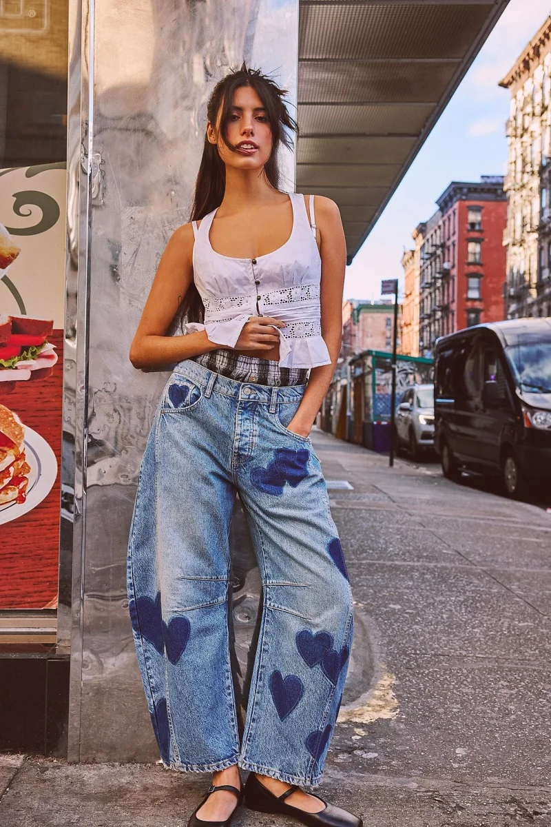 Jeans Women Print Long Pants Blue Casual Loose Denim Mom Heart Mid Waist Wide Leg Pant Trousers Pocket Button Y2k Splice 2025
