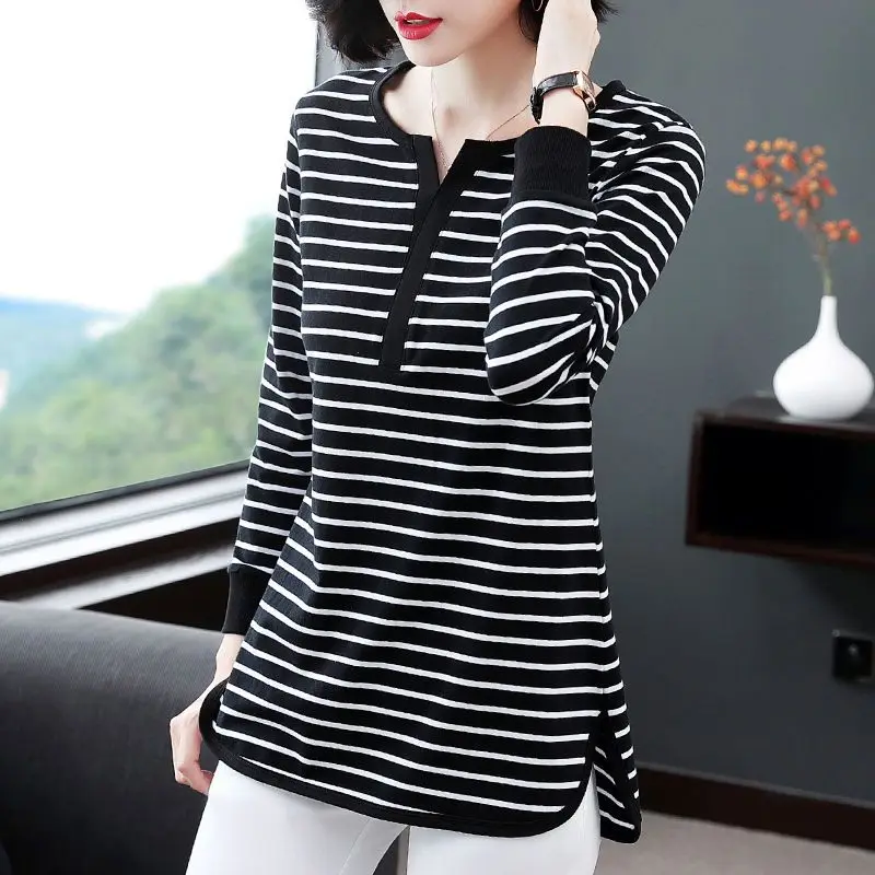 

Simplicity New Casual O-neck Pullovers Undercoat Loose Striped Printing Long Sleeve T-Shirts Office Lady Women's Clothing XQ37
