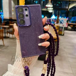 Crossbody Strap Case For Samsung Galaxy A55 A54 A53 A15 A35 A34 A25 A14 S23 S24 Ultra Glitter Neck Plush Lanyard Rope Soft Cover