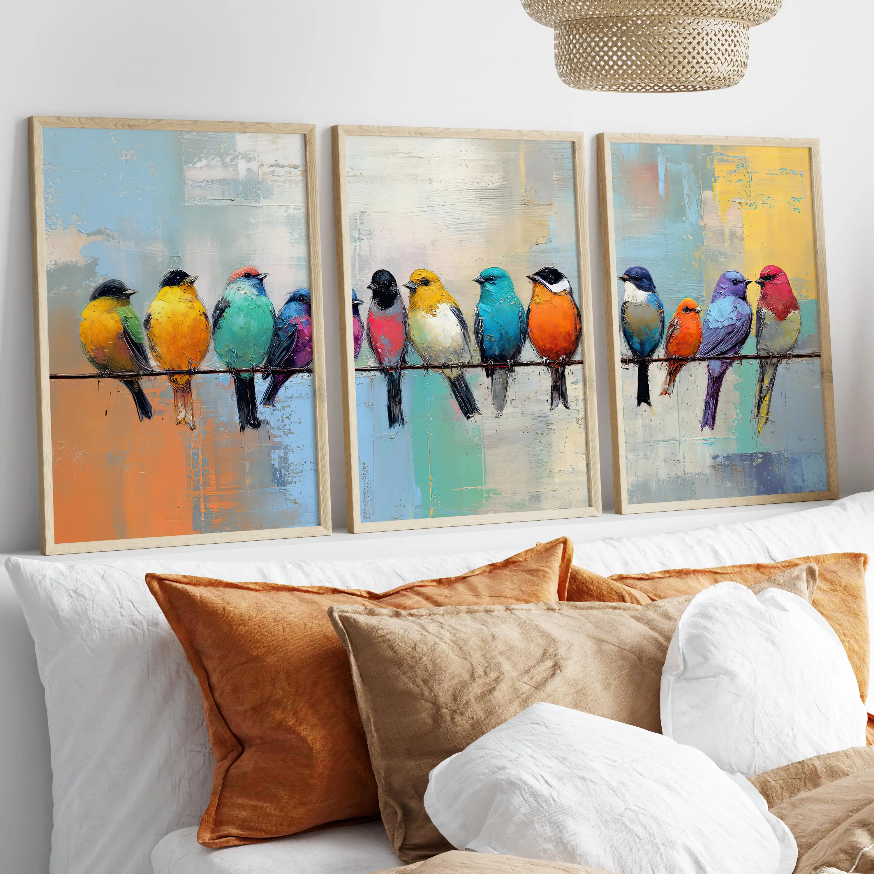 3PCS Frameless,Whimsical Colorful Birds Wire Painting Poster Canvas Print Panoramic Living Room Decor Above Couch or Bed Horizon