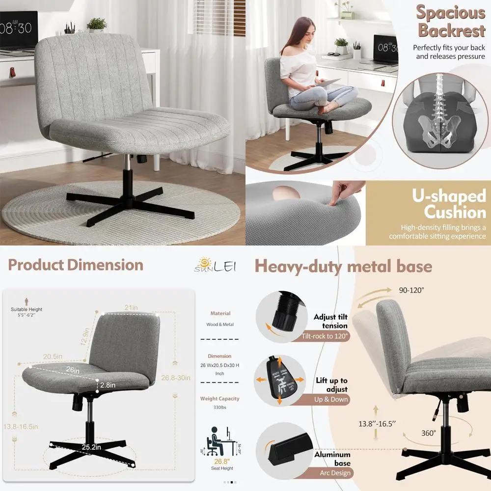 

SUNLEI Ergonomic Cross-Legged Chair for Office and Vanity Desks, Spacious Armless Seat with Comfortable Back Support, Adjustable