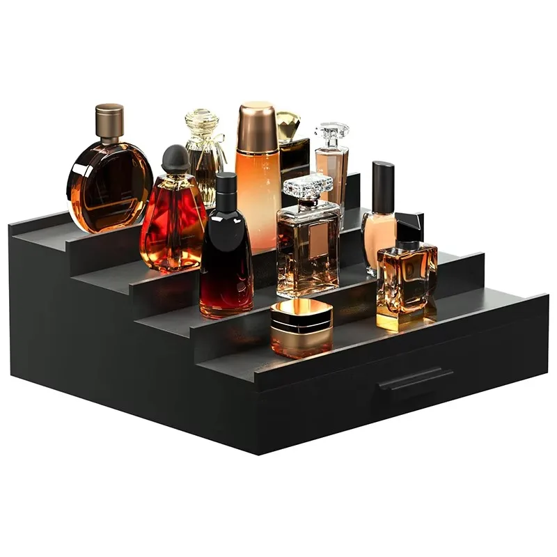 Black Wooden Perfume Storage Rack 4 Layer Cologne Display Holder with Drawer Double Hidden Compartments
