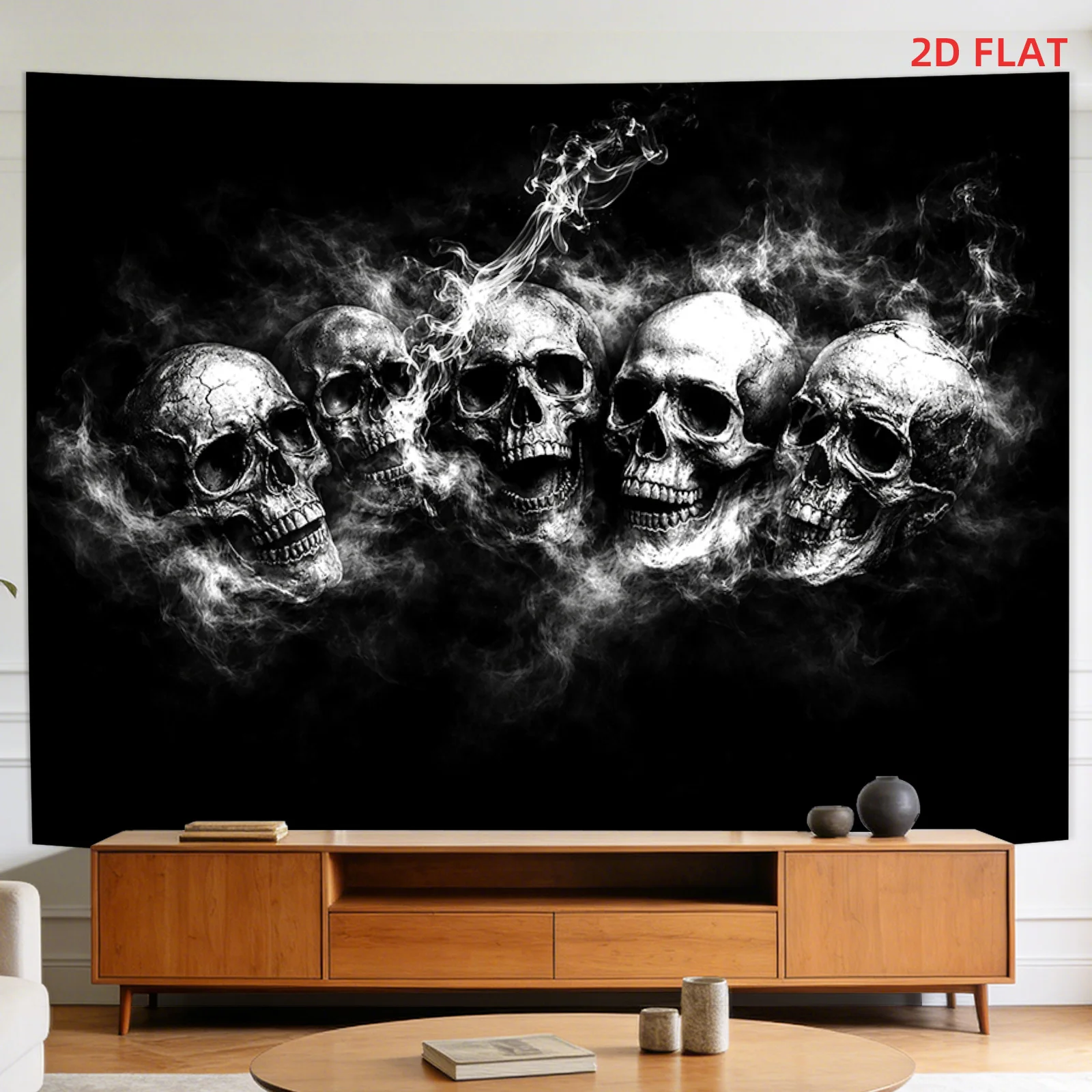 Smoking Skull Tapestry, Dark Gothic Wall Hanging, Horror Skeleton Art Dorm Decor, Edgy Black White Bedroom Blanket