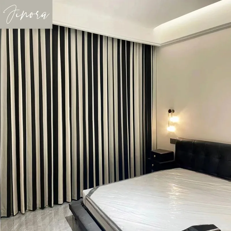 

Black and White Striped Curtains for Bedroom and Living Room Customized Light Luxury Thickened Chenille Curtain Fabric Blackout