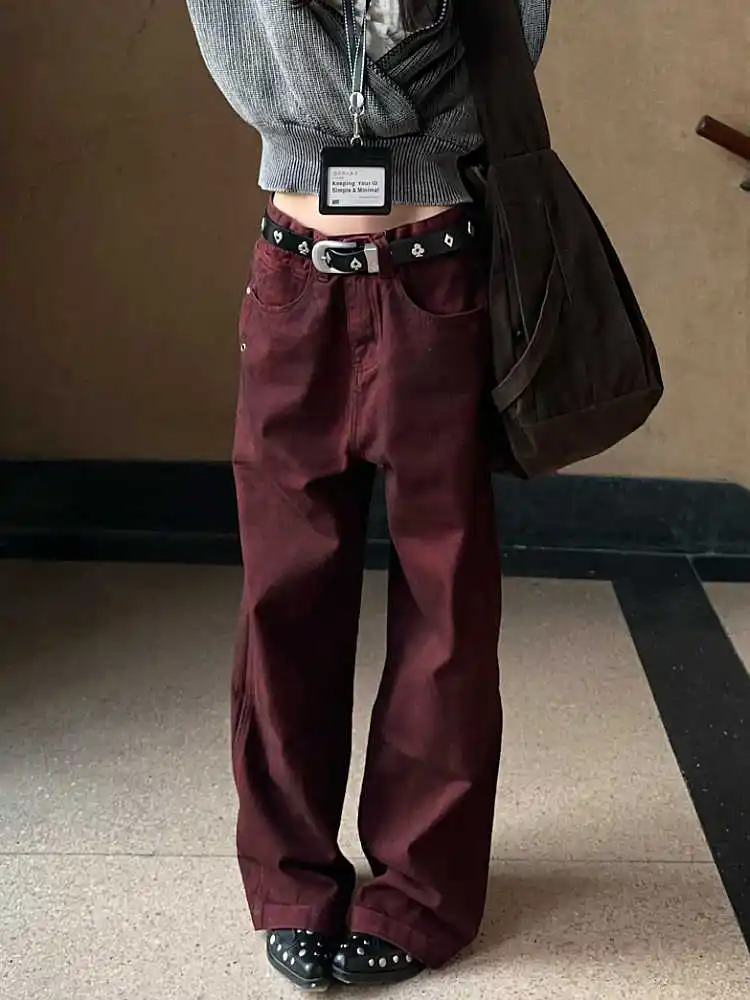 

Red Women's Jeans Hip-hop Fashion Vintage Streetwear Y2K Wide Leg Straight Jeans High Waist Trouser Baggy Cargo Denim Pants