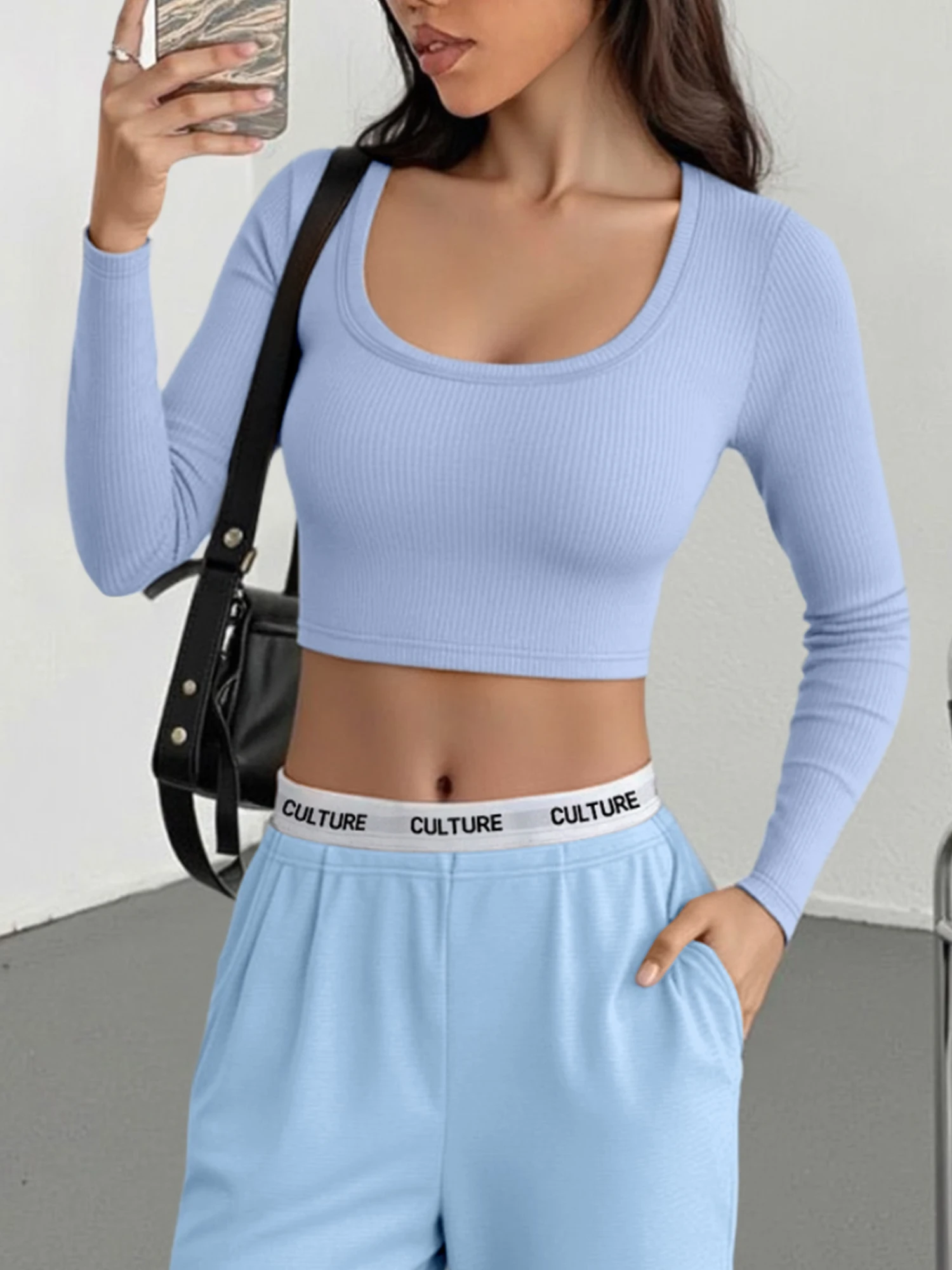 Statement Slim Cropped Long Sleeve Top, Wide Square Neck Ribbed Shirt for Livehouse & Youth Street Style