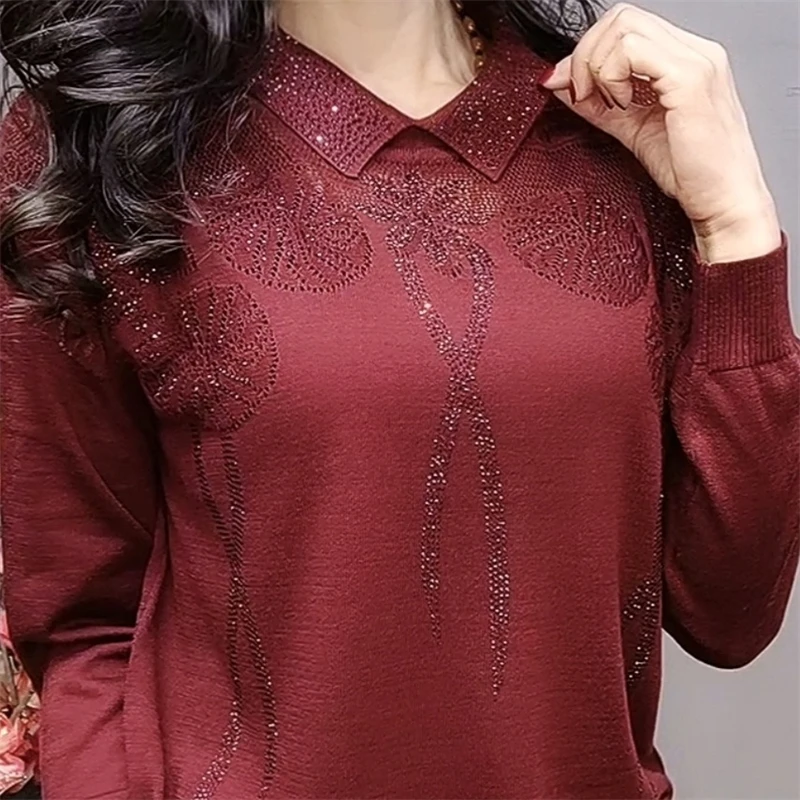 Women Sexy Hollow Out Rhinestone Elegant Knitwear Ladies Polo Collar Long Sleeve Loose Pullover Tops 2023 Autumn Winter Jumpers