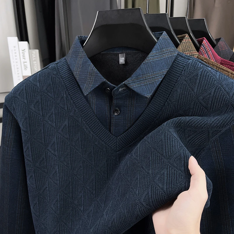 

Hot Selling Luxury Quality Men's Sweater Fake Two Pieces New Arrival Jacquard Splicing Plush Pullover Winter Versatile Menswear