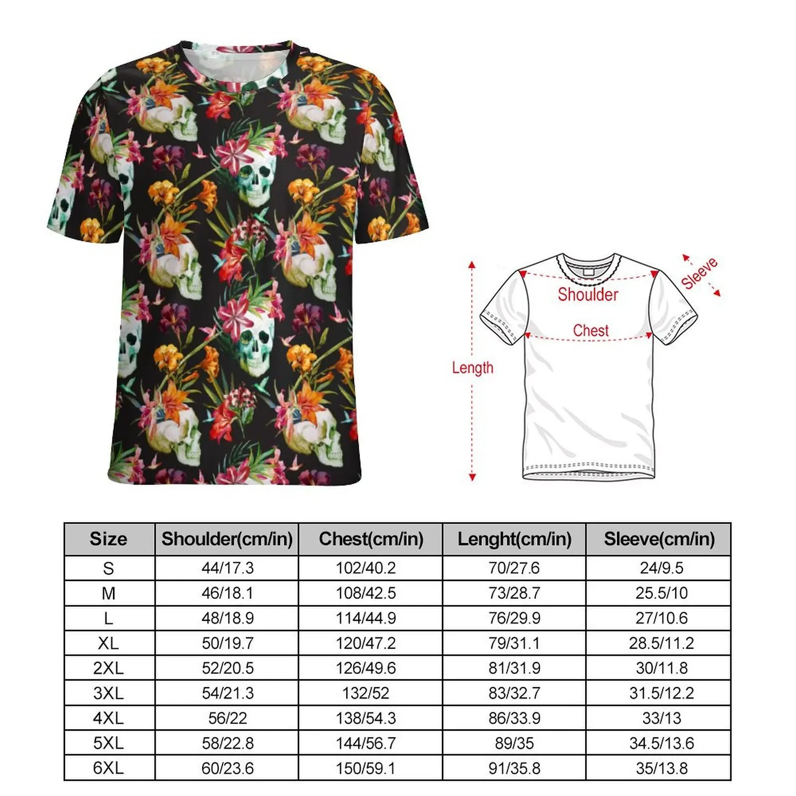 Floral Skull Print T Shirt For Male Halloween Spooky Scary Skulls Graphic O Neck T Shirts Summer Harajuku Tops Plus Size Tees