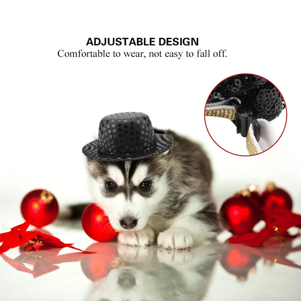 Black Sequin Surface Pet Sequin Top Hat Elastic Head Strap Adjustable Neck Band Dog Formal Party Outfit Two Piece Combo