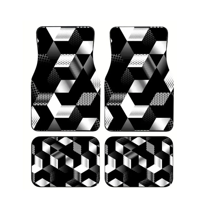 

4Pcs Black White 3D Geometric Cube Print Car Floor Mats Universal Non-slip Waterproof Floor Mats For SUV Truck Interior Decor