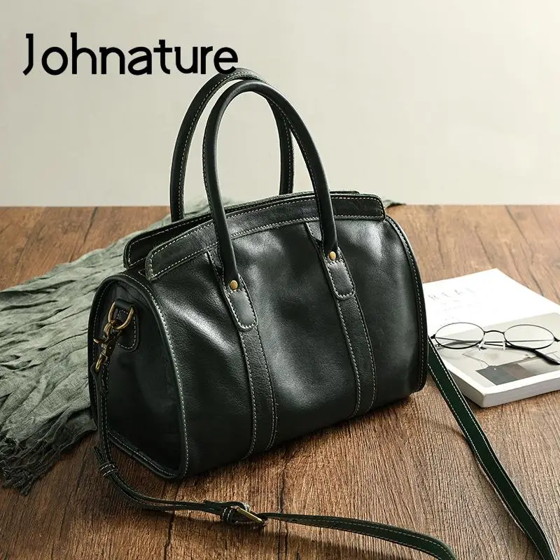 Johnature Handmade Nature Cowhide Women Bag 2024 New Vintage Genuine Leather Luxury Handbag Large Capacity Shoulder Bags