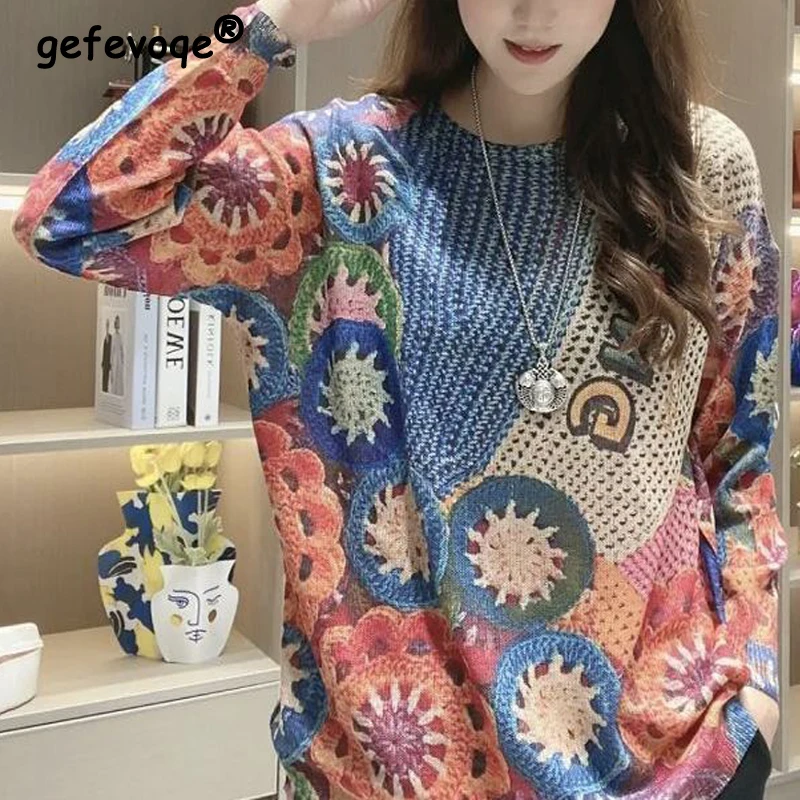 

Women's Clothing Vintage Fashion Printed Rhinestone Long Sleeve T-shirts Spring Autumn Female Casual O Neck Loose Pullover Tops