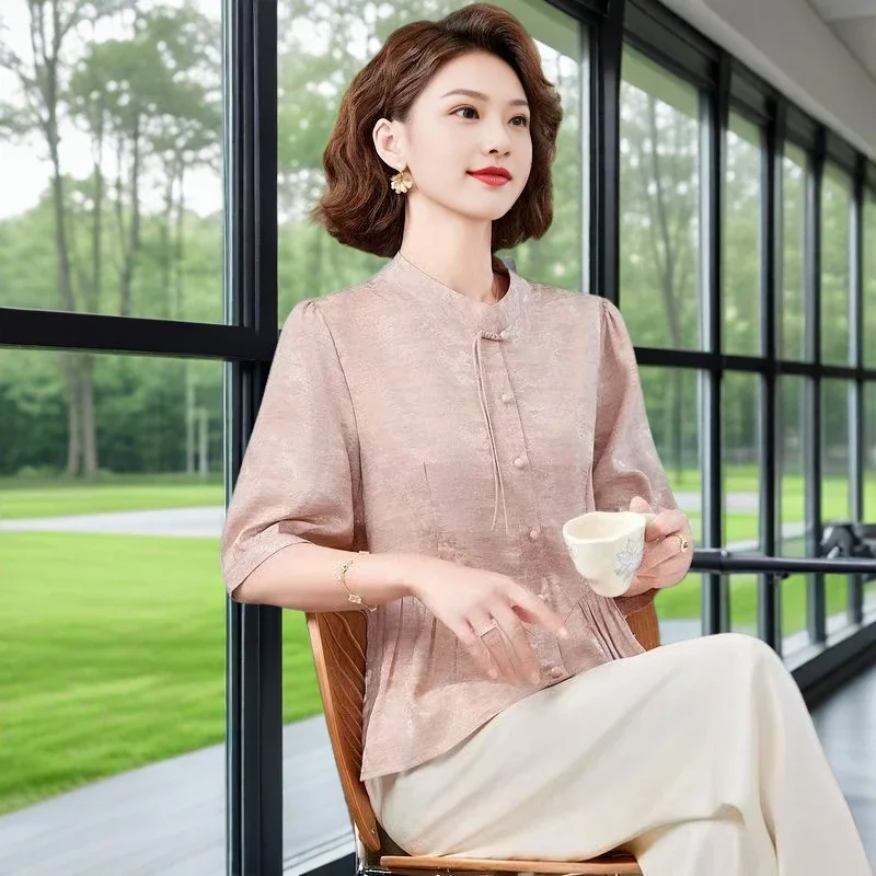 

Women's Chinese Style Blouse Half Sleeve Stand Collar Elegant Summer Casual Shirt
