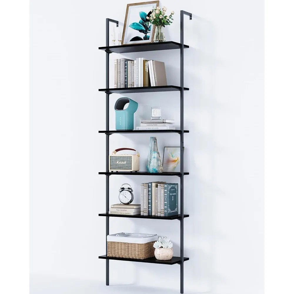 

6-Tier Ladder Shelf, 87 Inches Wall Mounted Ladder Bookshelf with Metal Frame, Open Industrial Shelves for Home Office, Bedroom