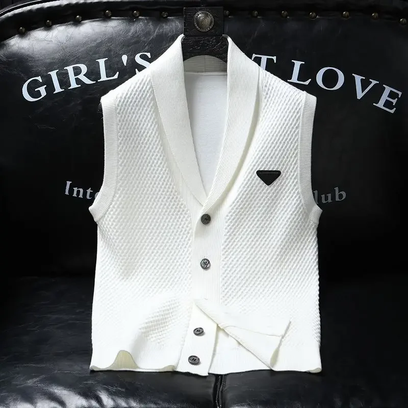 2025 Spring Summer Knitted Cardigan Vest Men's American Trendy Solid Color Slim Business Versatile Fashion Tops Men Aesthetic