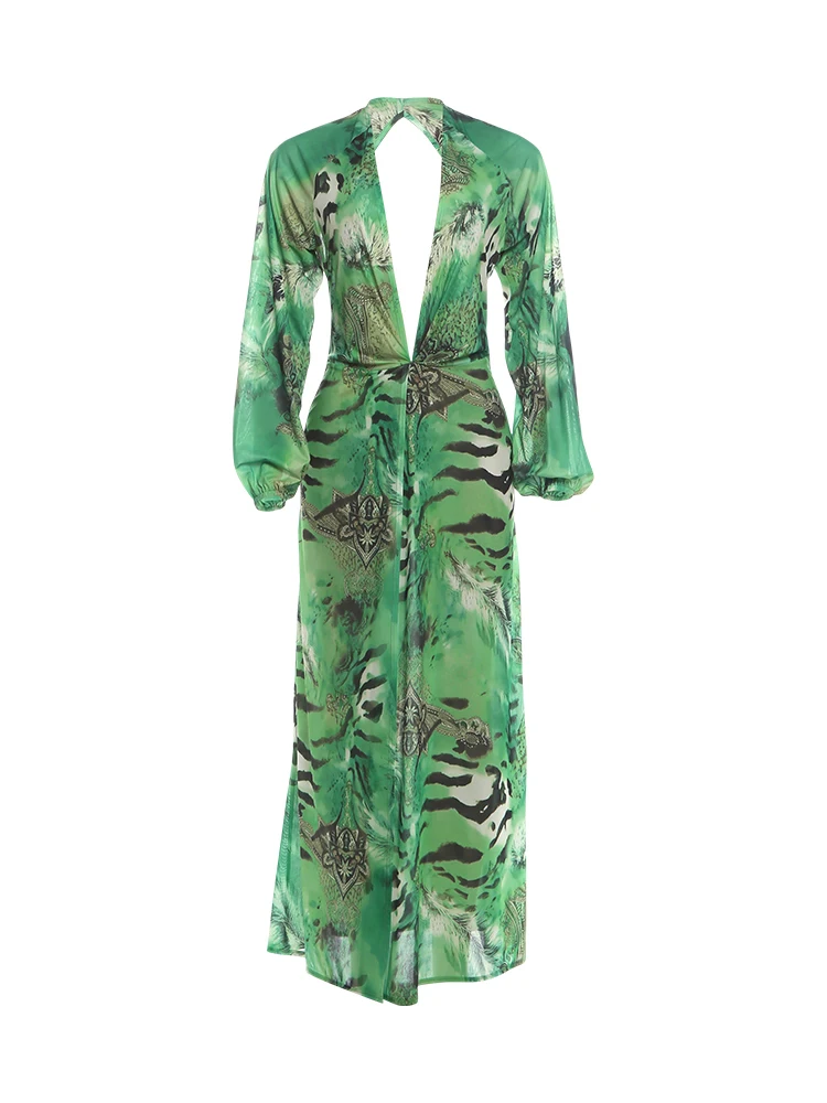 Nibber Laternenärmel Tigerstreifen-Print Langes Kleid Damen Herbst-Trend Tiefer V-Ausschnitt Sexy Rückenfreies Strand-Party Elegantes Kleid – Detail 2