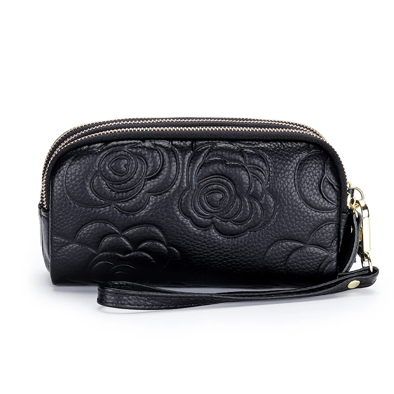 Hot Selling Genuine Leather Women Clutch Wallets with Wrist Strap Fashion Embossed Flowers Three Zippers Compartment  Wallet