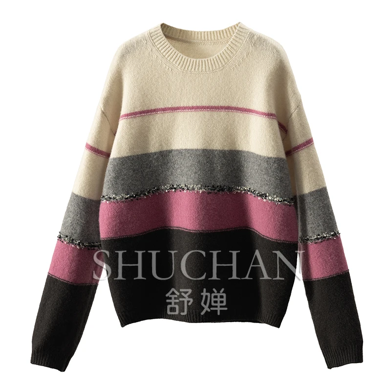 

Design Contrasting Color 100 Wool Crew Neck Sweater Women Sueter Mujer Invierno 2024 Pullover Casacos De Inverno Feminino