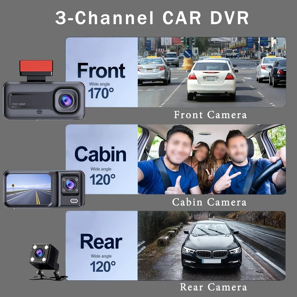 3 Channel Car DVR Three Way Dash Cam Inside Vehicle Camera DVRs Recorder FHD 1080P Video Mini Registrator Dashcam Camcorder