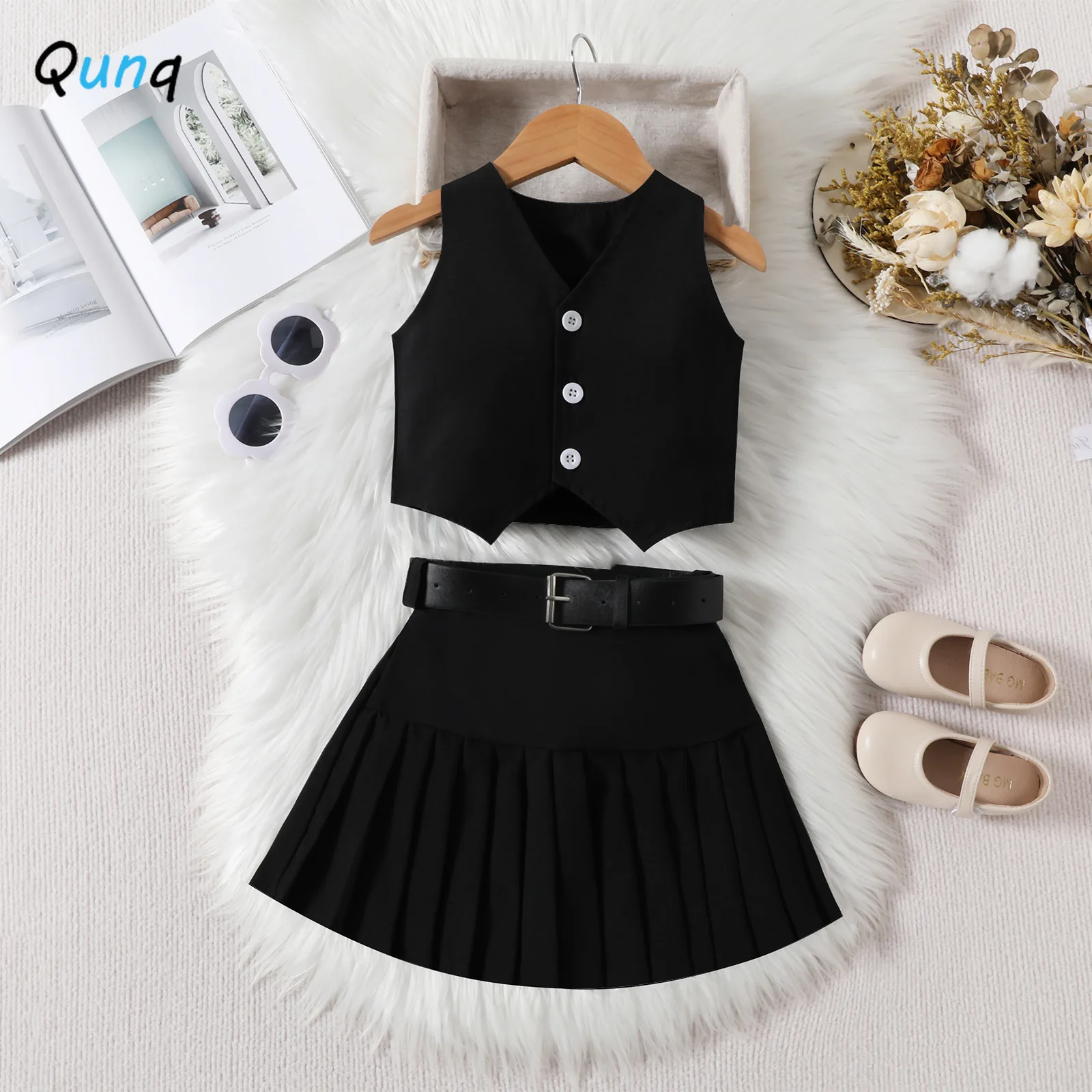 Qunq Spring Girls Fashion V-neck Single Breasted Sleeveless Tank Top Hundred Pleated Short Skirt Belt Three Two Piece Set 2T-5T