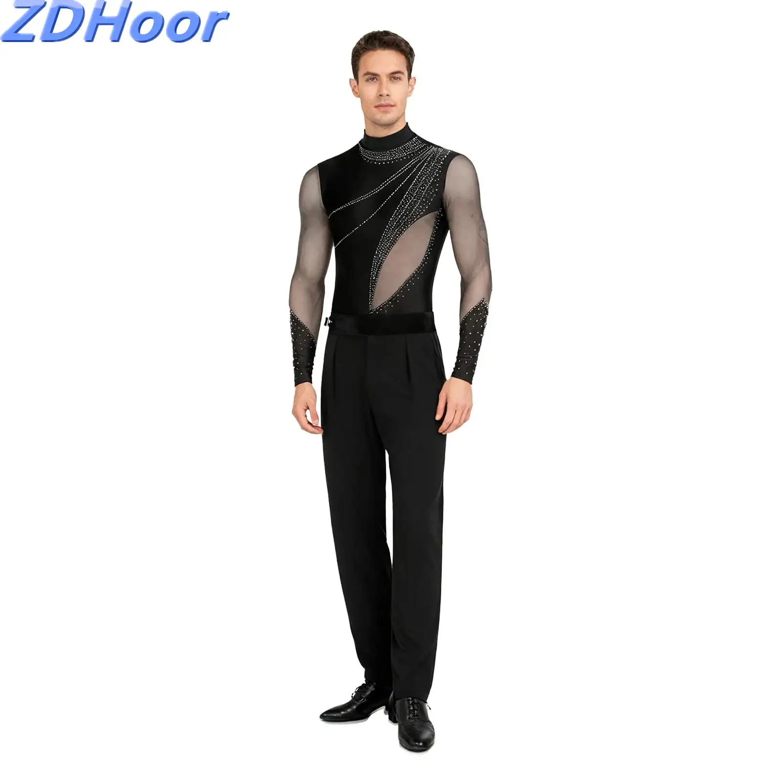 

Men Latin Ballet Dance Outfit Rhinestone Mesh Long Sleeve Crotch Leotard And Long Pants Rumba Tango Dance Bodysuit