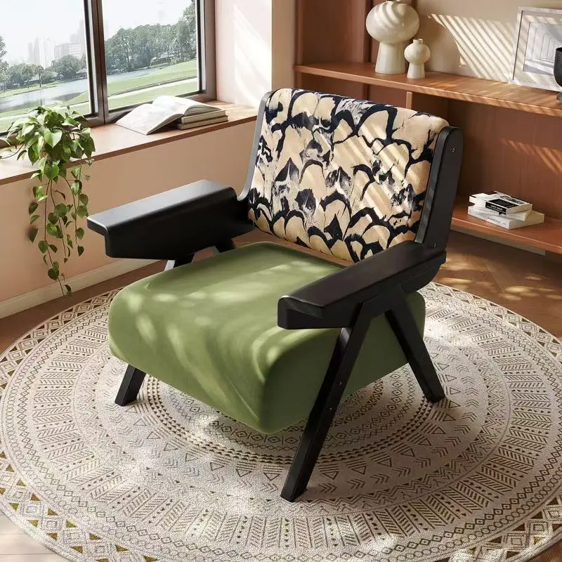 @#European Living Room Single Sofa Oak Lounge Chair Fabric Minimalist Wooden Legs Sofa Chair