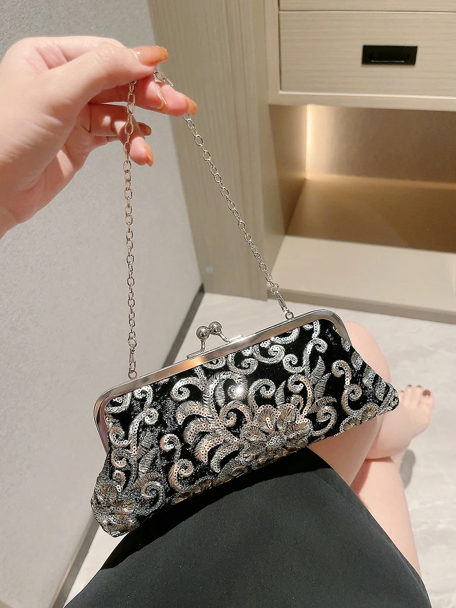 Velvet Cheongsam Bag Bridal Vintage Dinner Handbag Prom Cocktail Party Evening Clutch Embroidered Chain Purse