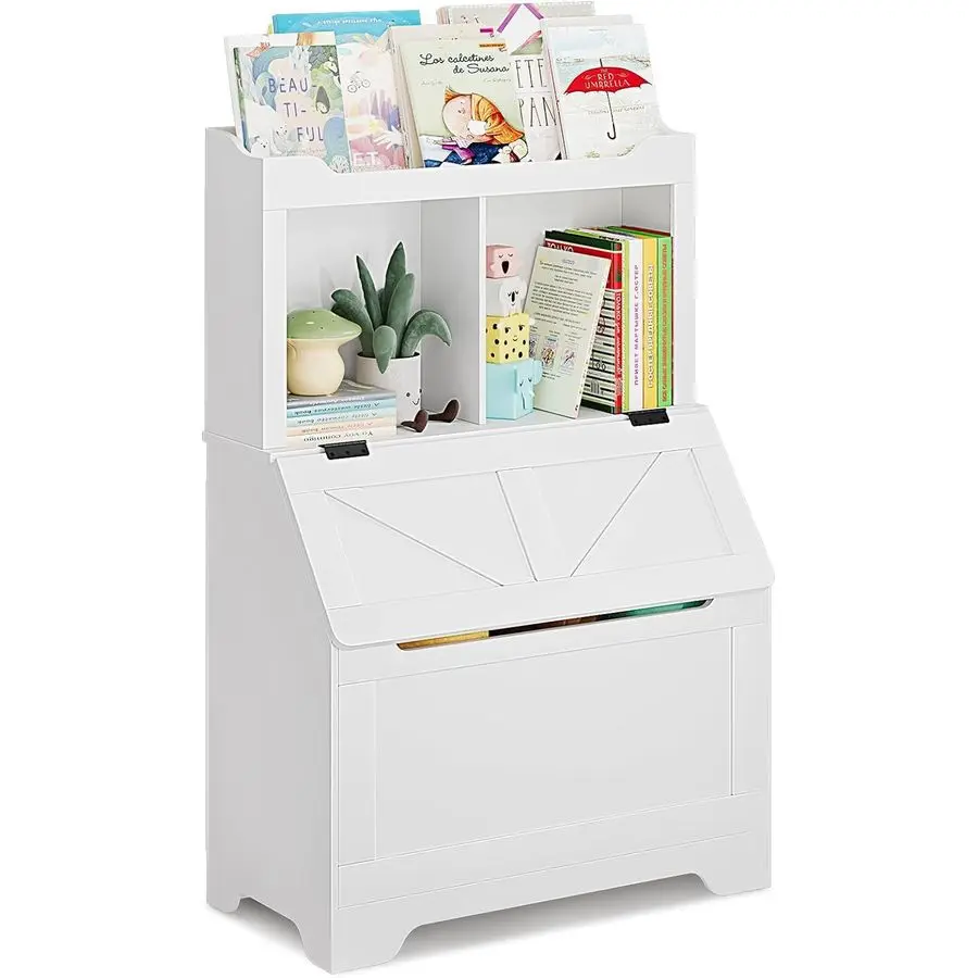 어린이 책장, 플립탑 뚜껑과 수납칸이 있는 장난감 보관함, 놀이방, 어린이 방, 침실에 적합한 나무 어린이 책장