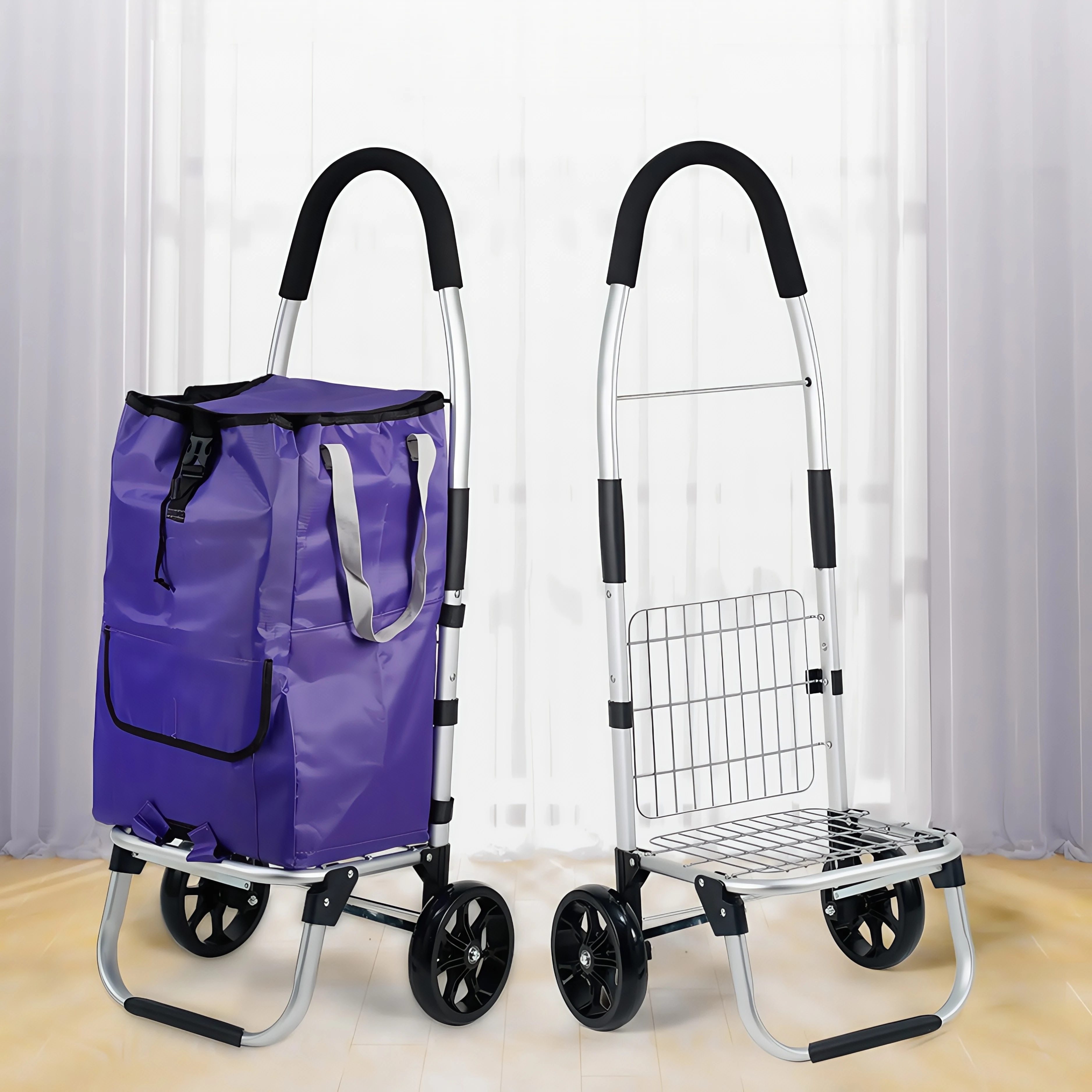 A Must-Have for Convenience Stores and Markets! Two-Wheeled Folding Shopping Cart | Large Capacity Waterproof Bag + Wire Mesh Shelf 2-in-1 Design | Lightweight and Easy to Carry | Comfortable Handle Reduces Shopping Fatigue | Indoor and Outdoor Dual-Use Shopping Cart