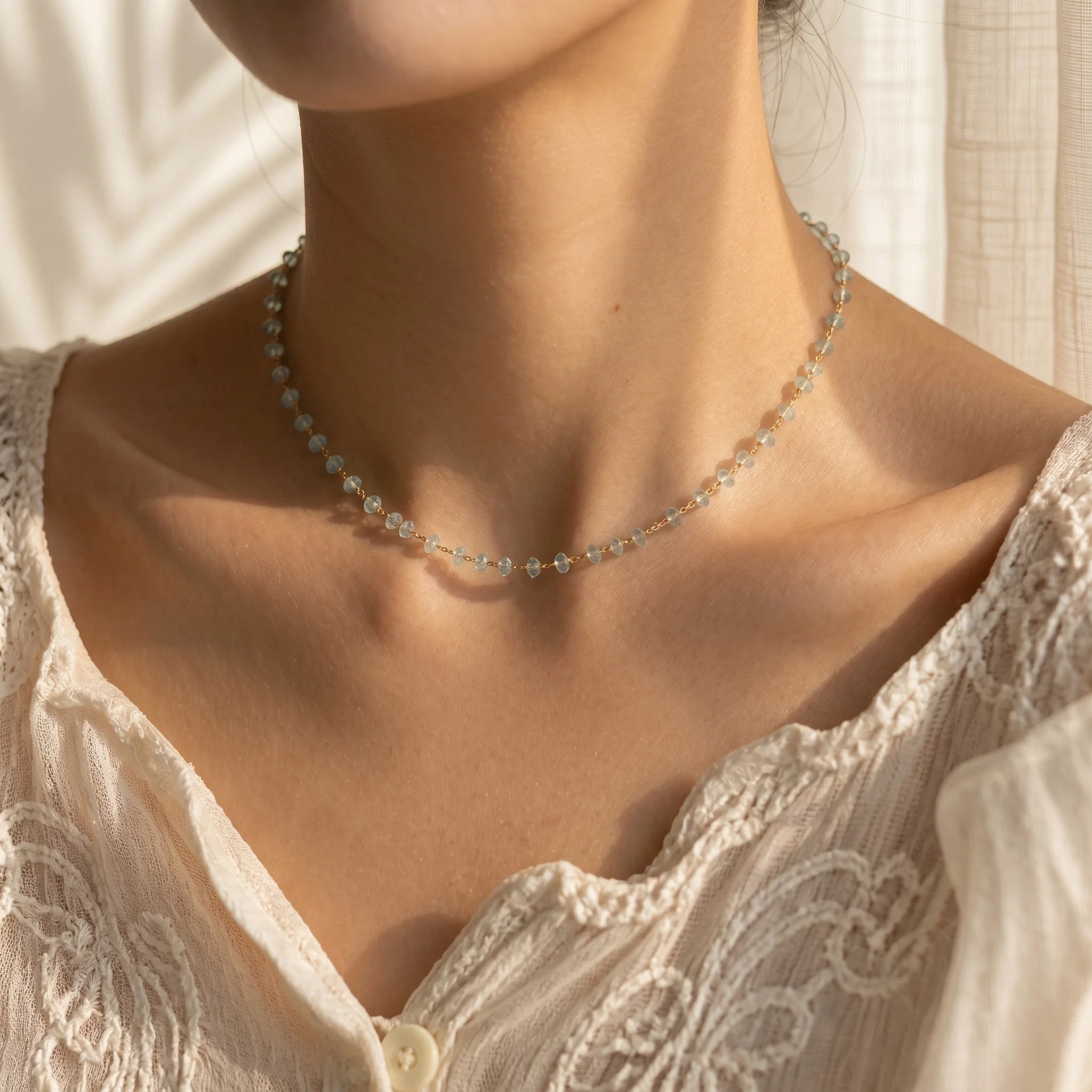 Gold Stainless Steel Beaded Necklace for Women Natural Blue Stone Chips Choker Non Tarnish Dainty Boho Everyday Jewelry Gift