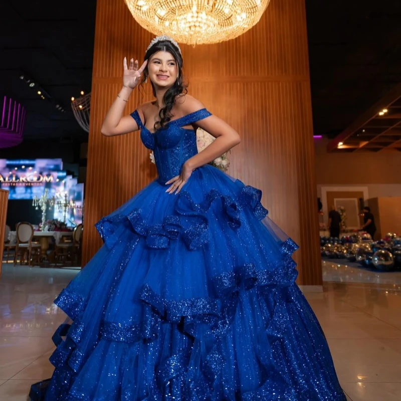 Vestidos De quinceañera azul oscuro brillantes personalizados con hombros descubiertos, Vestido De 15 quinceañera con lazo en capas De encaje De tul