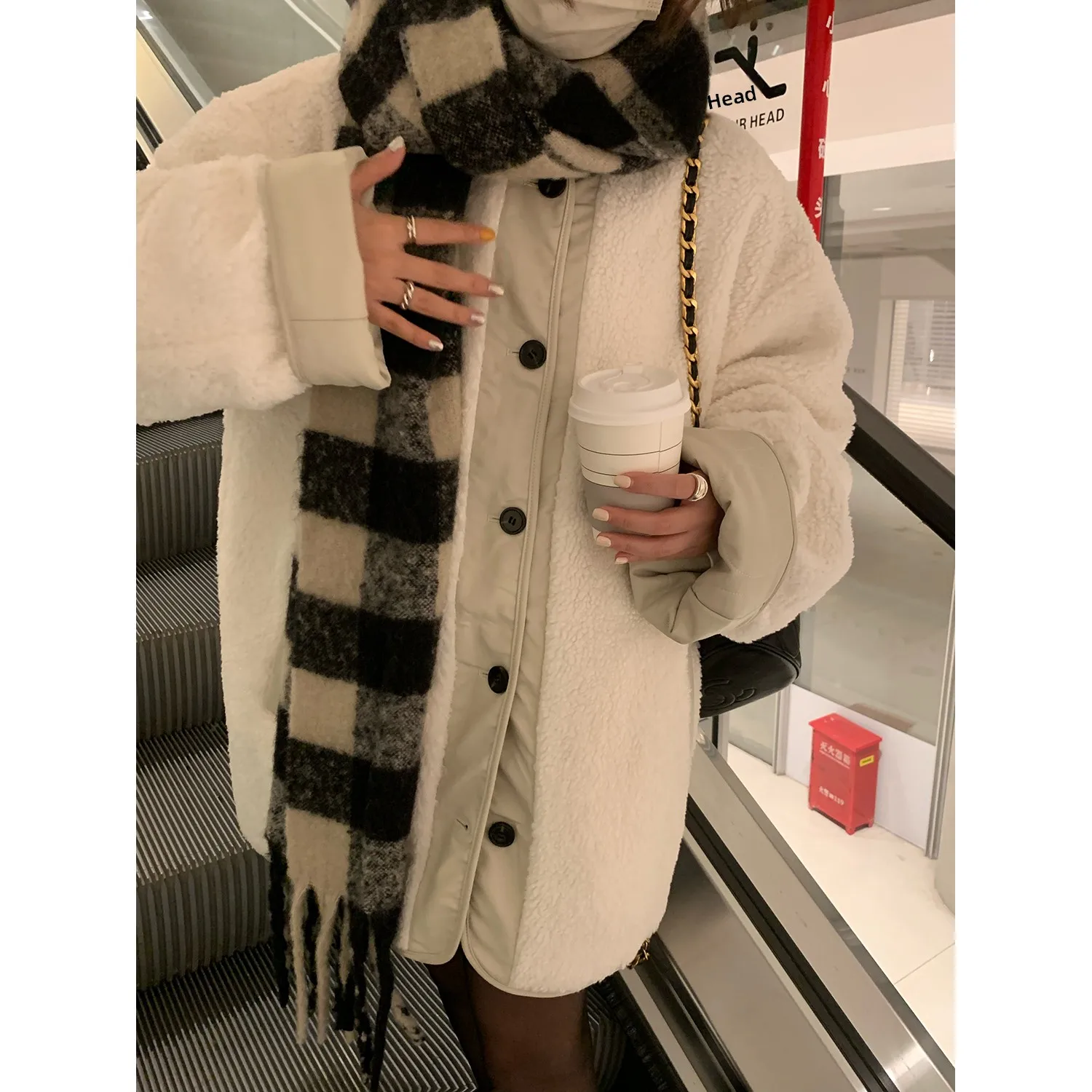 

White Lamb Fur Jaet Women's Mid-Length Thiened Winter Clothes Casual Sle Pure Color Breathable Y Studio Outerwear