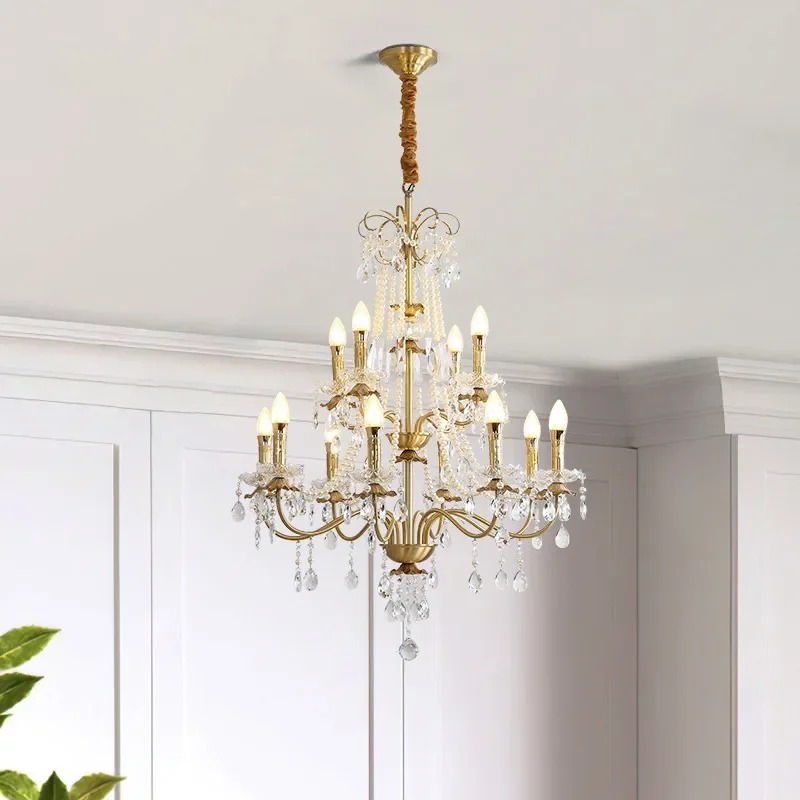 

WPD French Brass Crystal Chandelier LED American Retro Living Room Restaurant Bedroom Study Villa Hotel Cafe Pendant Lamp