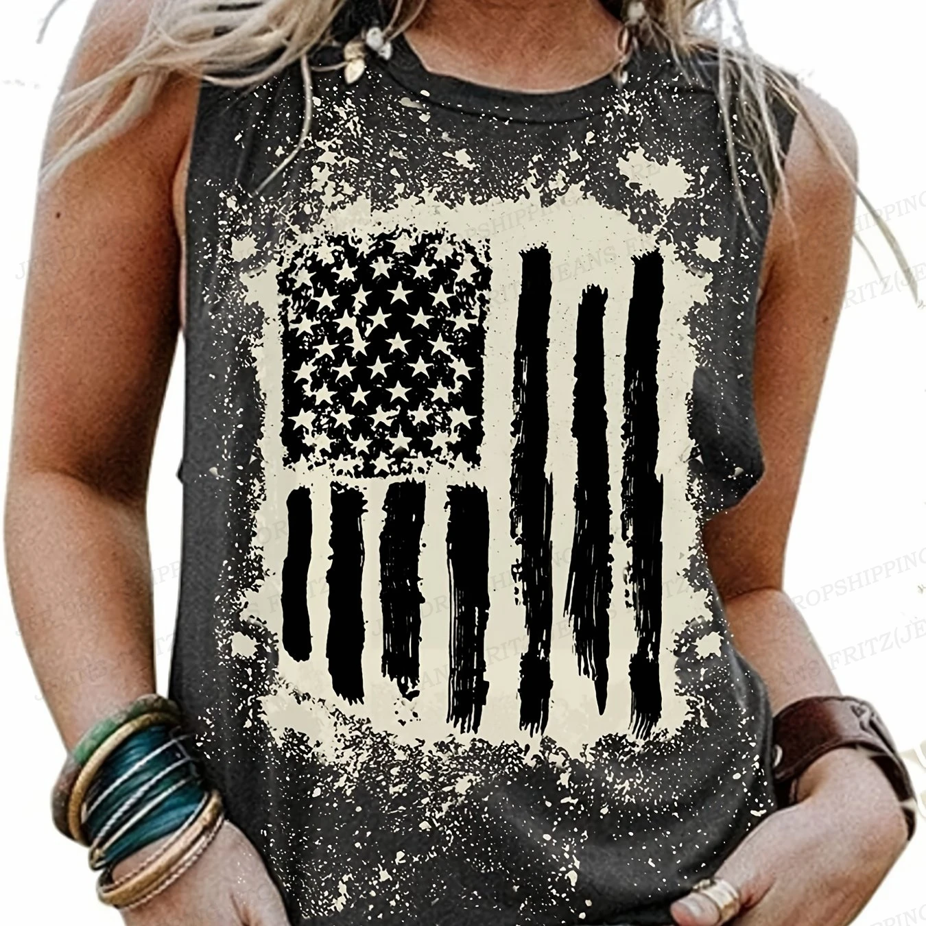 American Flag Print Sleeveless Tank Tops Women\'s Fashion Usa Flag Vest Vintage Tanks Tops Crew Neck Tops Tees Womens Clothing