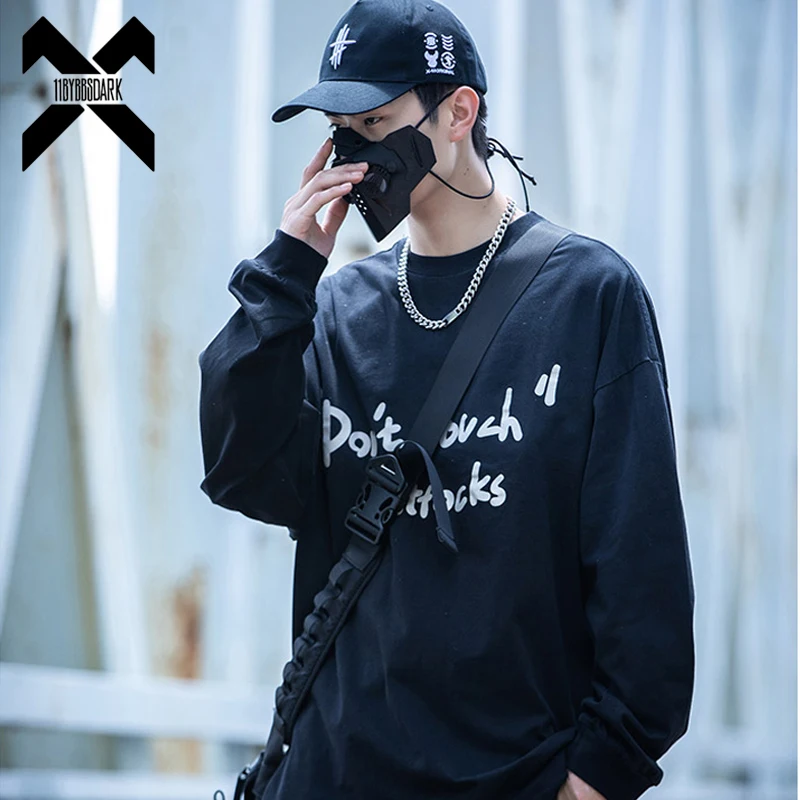 

Black Long Sleeves T-Shirt Mens Letter Printed Loose T Shirt 2023 Autumn Hip Hop Streetwear Cotton Sweat Shirt Tops