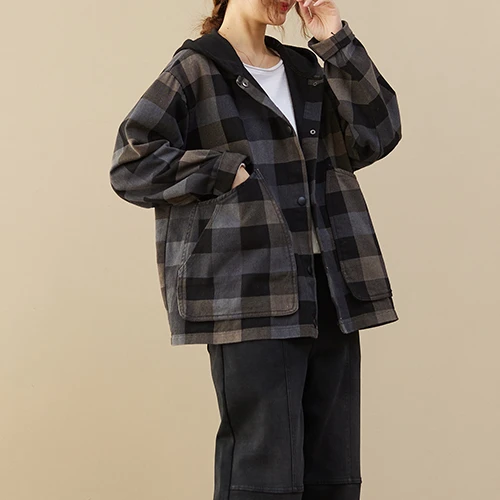 

Loose Casual Plaid Long Sve ort Coat for Women Spring New Sle Korean Version plus Size Hooded Coat Cotton Material