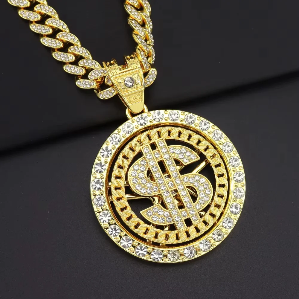 Men Hip Hop Necklace Big Rotatable US Dollar Money Sign Pendant Necklace Iced out Cuban Chain Choker Necklace Rap Charm Jewelry