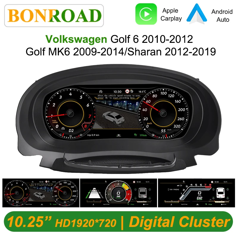 Tableau de bord numérique Bonroad 10,25 pouces pour Volkswagen Golf 6 2010-2012 VW MK6 2009-2014 Sharan 2012-2019 Panneau d'instruments virtuel