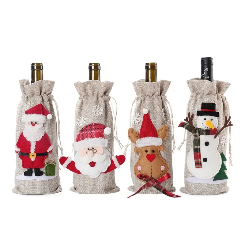 Xmas Snowman Santa Claus Wine Bottle Gift Packaging Jute Bag Pouch Burlap Christmas Wine Bottle Cover Bag Christmas Decorations